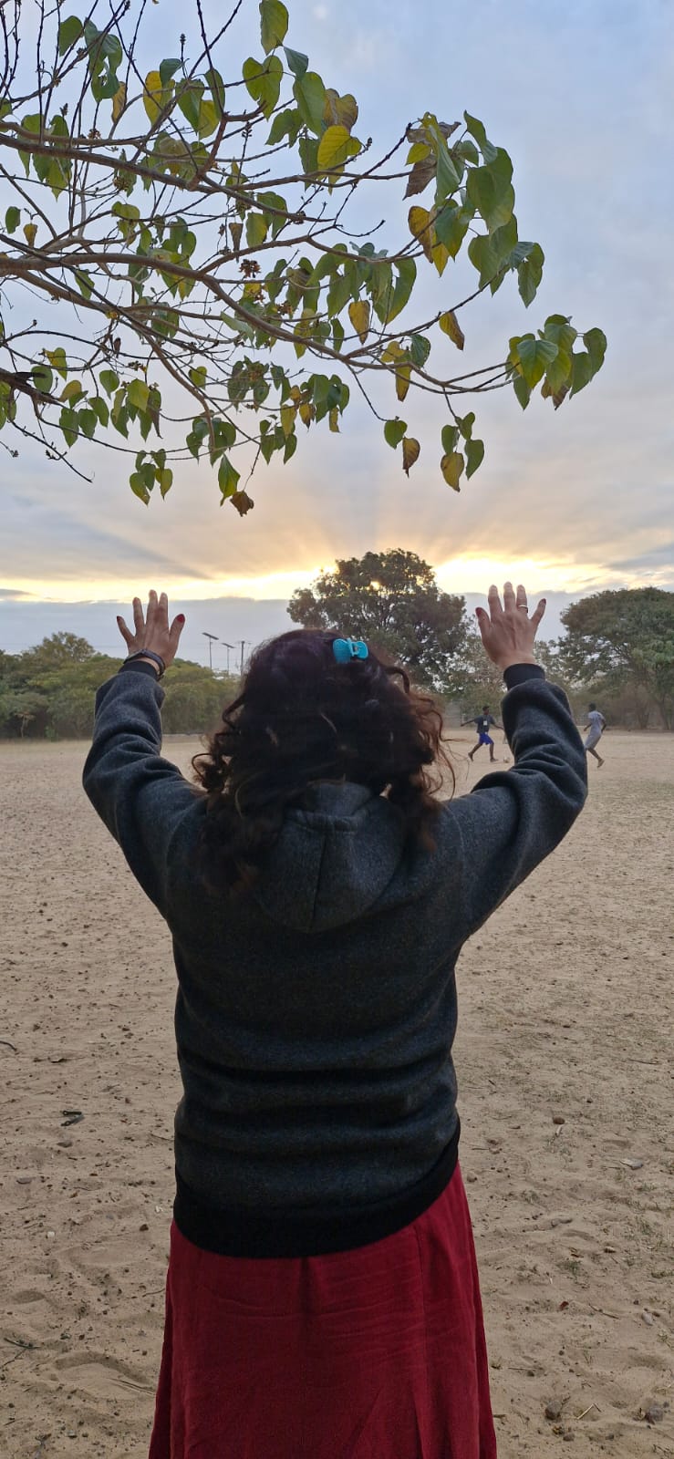 Feeby from behind, hands raised in worship on an open field at sunrise